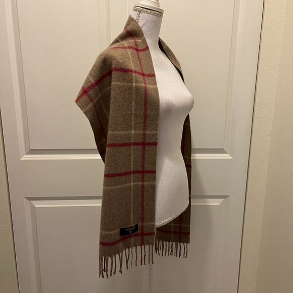 Erdenet 100% Cashmere Brown & Pink Plaid Scarf with Fringe - Picture 6 of 9